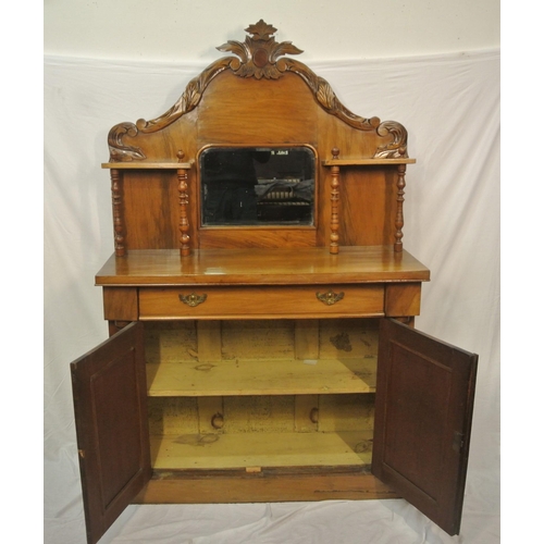 20 - Victorian style walnut chiffonier with shaped back, mirror inset, shelved press under with panelled ... 