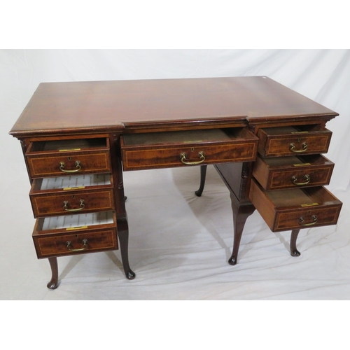 200 - Victorian inlaid mahogany kneehole desk with frieze drawer, six side drawers, brass drop handles, re... 