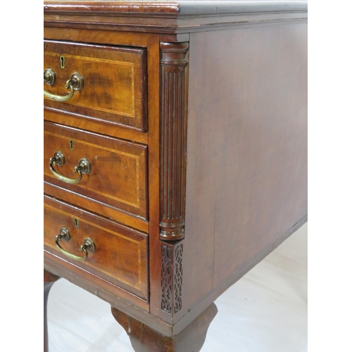 200 - Victorian inlaid mahogany kneehole desk with frieze drawer, six side drawers, brass drop handles, re... 