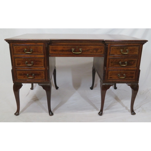 200 - Victorian inlaid mahogany kneehole desk with frieze drawer, six side drawers, brass drop handles, re... 