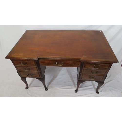 200 - Victorian inlaid mahogany kneehole desk with frieze drawer, six side drawers, brass drop handles, re... 