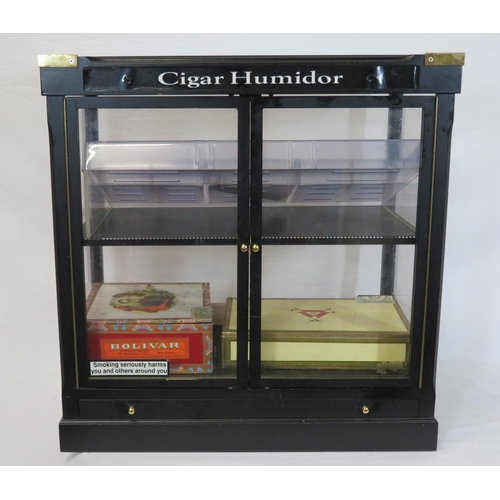 203 - Edwardian cigar humidor with glazed door & sides, drawer under & brass mounts