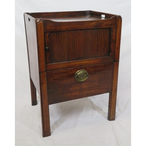 206 - Victorian mahogany commode with raised gallery, tambour front, drawer with brass drop handle, on cha... 