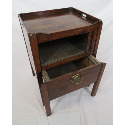 206 - Victorian mahogany commode with raised gallery, tambour front, drawer with brass drop handle, on cha... 