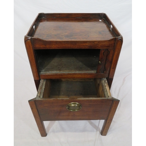 206 - Victorian mahogany commode with raised gallery, tambour front, drawer with brass drop handle, on cha... 