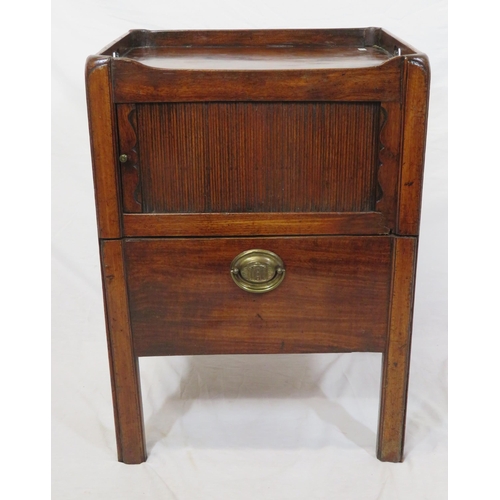 206 - Victorian mahogany commode with raised gallery, tambour front, drawer with brass drop handle, on cha... 