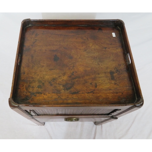 206 - Victorian mahogany commode with raised gallery, tambour front, drawer with brass drop handle, on cha... 