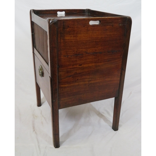 206 - Victorian mahogany commode with raised gallery, tambour front, drawer with brass drop handle, on cha... 