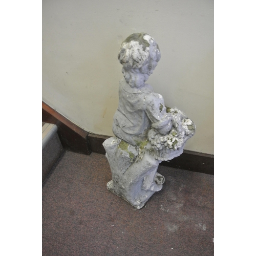 209 - Stone ornament of a boy with basket, on square base