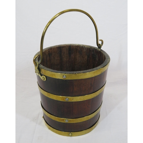 223 - Georgian style round peat bucket with brass banding & shaped brass handle