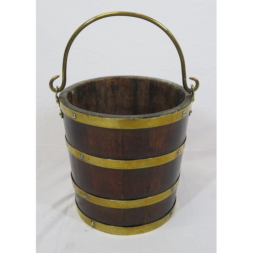 223 - Georgian style round peat bucket with brass banding & shaped brass handle