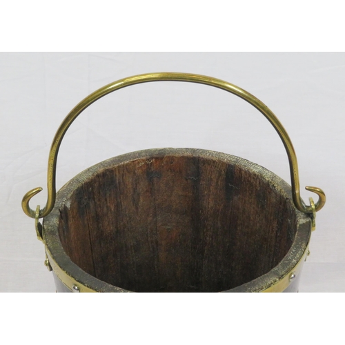 223 - Georgian style round peat bucket with brass banding & shaped brass handle