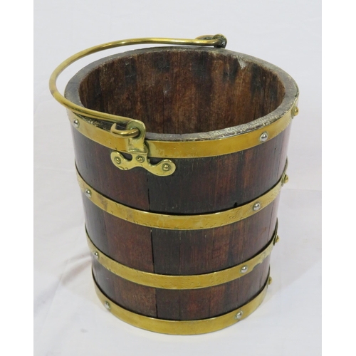 223 - Georgian style round peat bucket with brass banding & shaped brass handle