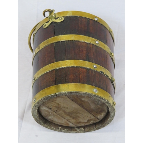 223 - Georgian style round peat bucket with brass banding & shaped brass handle