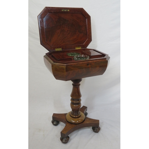 224 - Victorian mahogany & walnut teapoy with lift-up lid, angled corners, fitted with tea boxes & glass j... 