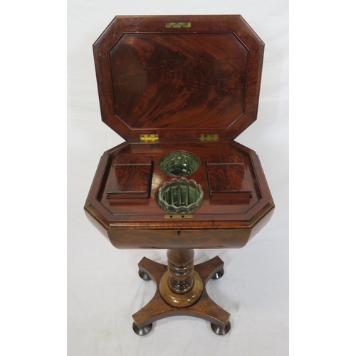 224 - Victorian mahogany & walnut teapoy with lift-up lid, angled corners, fitted with tea boxes & glass j... 