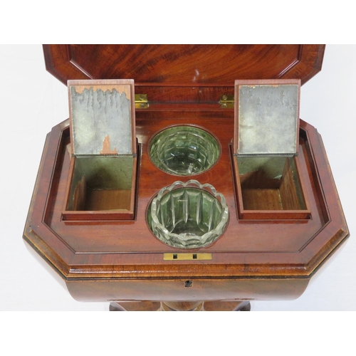 224 - Victorian mahogany & walnut teapoy with lift-up lid, angled corners, fitted with tea boxes & glass j... 