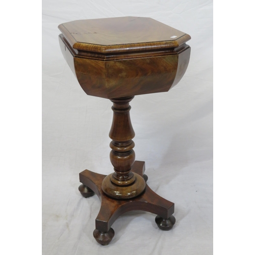 224 - Victorian mahogany & walnut teapoy with lift-up lid, angled corners, fitted with tea boxes & glass j... 