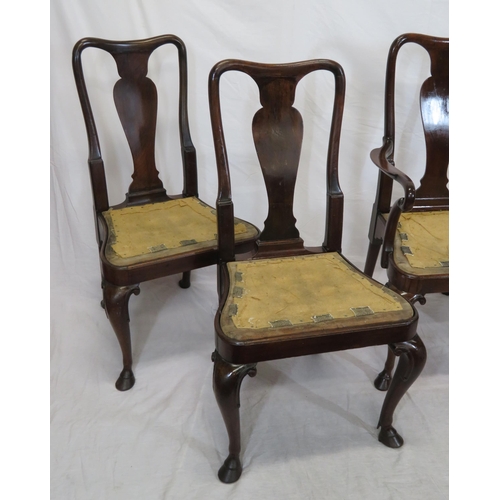 301 - Set of five Queen Anne style mahogany dining chairs with vase shaped splats, shaped seats, scroll le... 