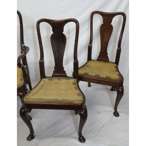 301 - Set of five Queen Anne style mahogany dining chairs with vase shaped splats, shaped seats, scroll le... 