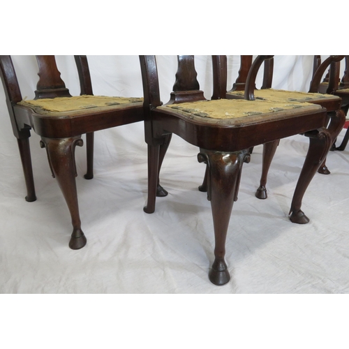 301 - Set of five Queen Anne style mahogany dining chairs with vase shaped splats, shaped seats, scroll le... 