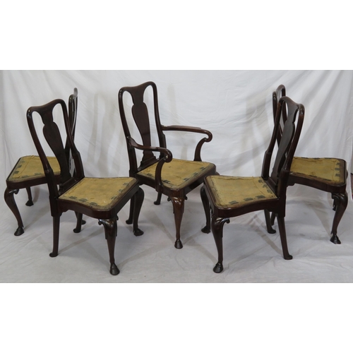 301 - Set of five Queen Anne style mahogany dining chairs with vase shaped splats, shaped seats, scroll le... 