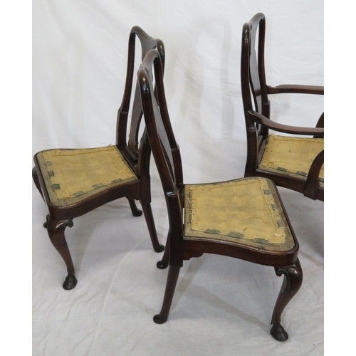 301 - Set of five Queen Anne style mahogany dining chairs with vase shaped splats, shaped seats, scroll le... 