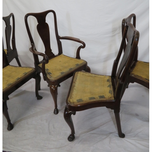 301 - Set of five Queen Anne style mahogany dining chairs with vase shaped splats, shaped seats, scroll le... 