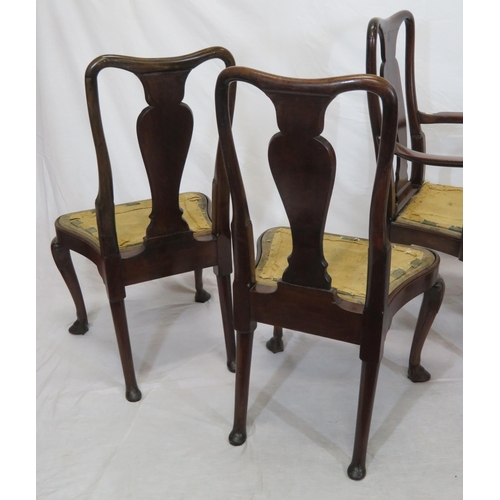 301 - Set of five Queen Anne style mahogany dining chairs with vase shaped splats, shaped seats, scroll le... 