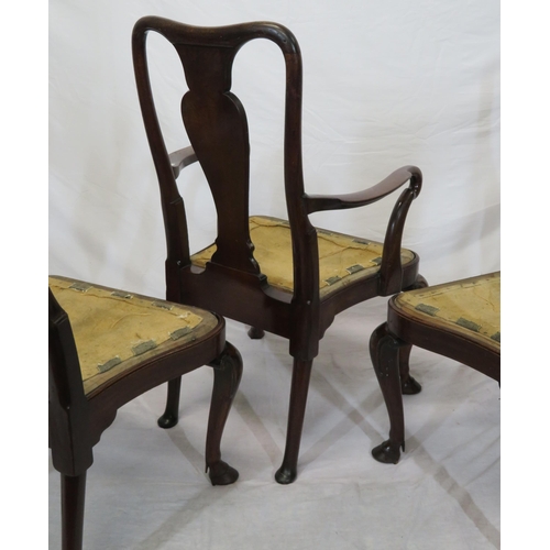 301 - Set of five Queen Anne style mahogany dining chairs with vase shaped splats, shaped seats, scroll le... 