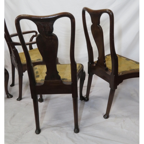 301 - Set of five Queen Anne style mahogany dining chairs with vase shaped splats, shaped seats, scroll le... 