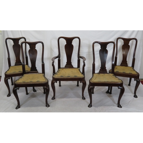 301 - Set of five Queen Anne style mahogany dining chairs with vase shaped splats, shaped seats, scroll le... 