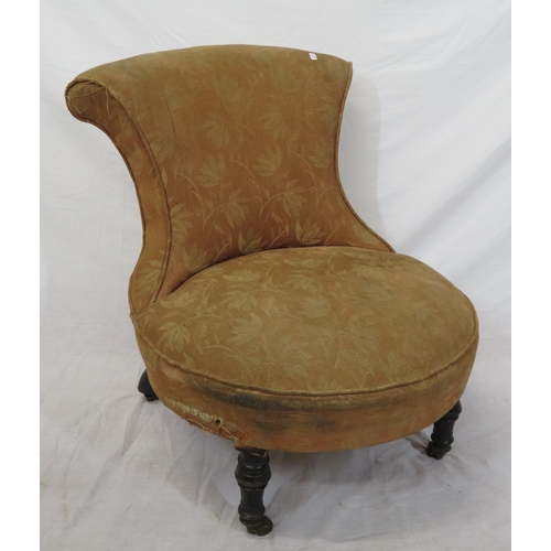 305 - Victorian oval ladies chair with shaped back, foliate upholstery, on turned legs