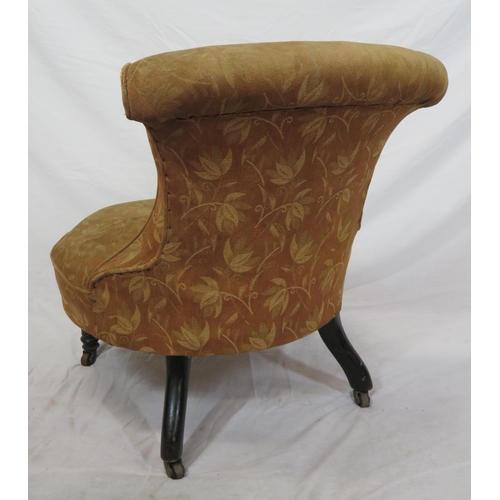 305 - Victorian oval ladies chair with shaped back, foliate upholstery, on turned legs