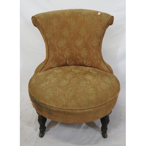 305 - Victorian oval ladies chair with shaped back, foliate upholstery, on turned legs