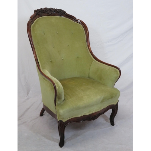 306 - Victorian mahogany open armchair with foliate carved back, buttoned upholstery, on cabriole legs