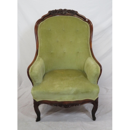 306 - Victorian mahogany open armchair with foliate carved back, buttoned upholstery, on cabriole legs