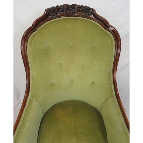 306 - Victorian mahogany open armchair with foliate carved back, buttoned upholstery, on cabriole legs