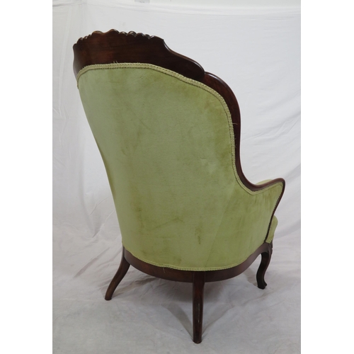 306 - Victorian mahogany open armchair with foliate carved back, buttoned upholstery, on cabriole legs