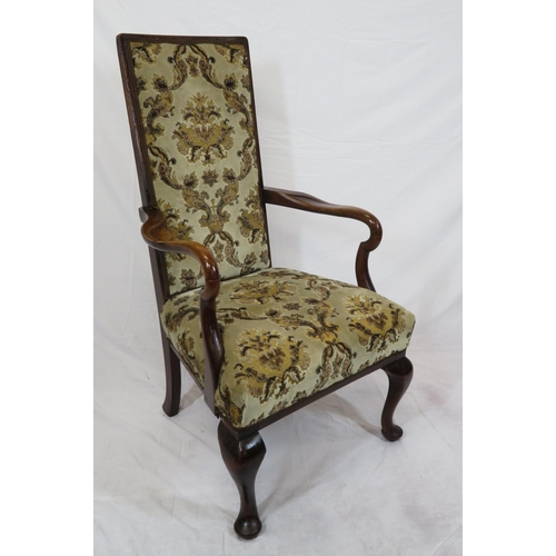 313 - Georgian mahogany open armchair with foliate upholstery, shaped arms, on cabriole legs