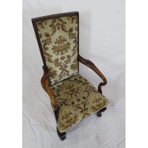 313 - Georgian mahogany open armchair with foliate upholstery, shaped arms, on cabriole legs