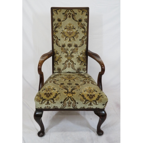 313 - Georgian mahogany open armchair with foliate upholstery, shaped arms, on cabriole legs