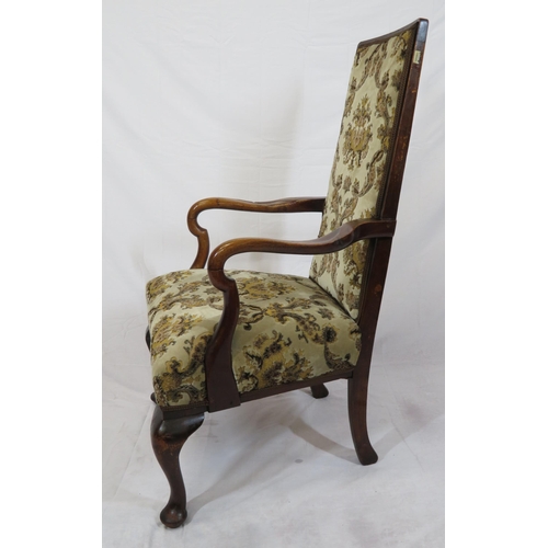 313 - Georgian mahogany open armchair with foliate upholstery, shaped arms, on cabriole legs