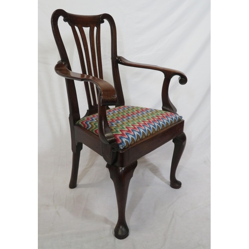 317 - Georgian rosewood open armchair with pierced splat, scroll shaped arms, upholstered seat, on cabriol... 