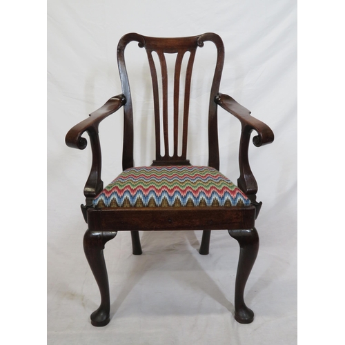 317 - Georgian rosewood open armchair with pierced splat, scroll shaped arms, upholstered seat, on cabriol... 