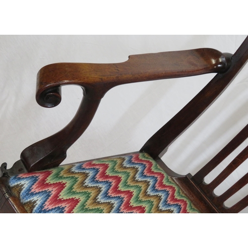 317 - Georgian rosewood open armchair with pierced splat, scroll shaped arms, upholstered seat, on cabriol... 