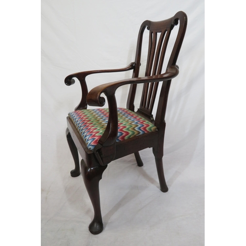 317 - Georgian rosewood open armchair with pierced splat, scroll shaped arms, upholstered seat, on cabriol... 