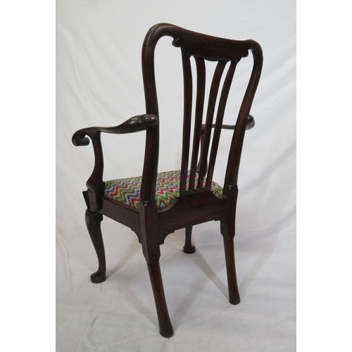 317 - Georgian rosewood open armchair with pierced splat, scroll shaped arms, upholstered seat, on cabriol... 