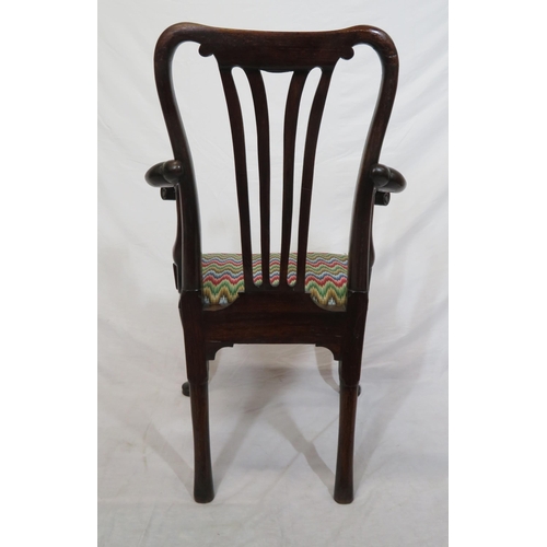 317 - Georgian rosewood open armchair with pierced splat, scroll shaped arms, upholstered seat, on cabriol... 