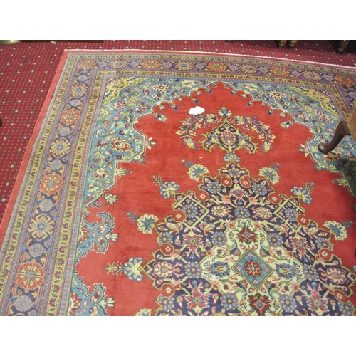 37 - Fine woven Persian Sarouk Viss carpet terracotta ground with hints of duck egg blue medallion design... 